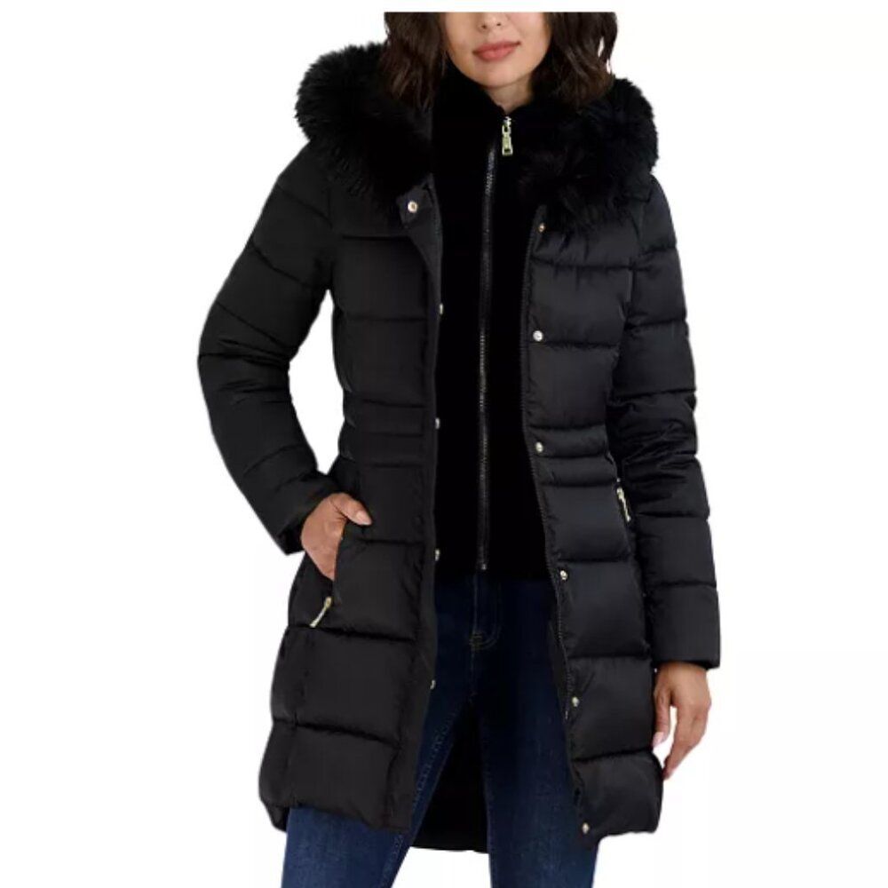$320 - NWT-Tahari Dana Hooded Faux Fur Trim Puffer Coat - Black - XL